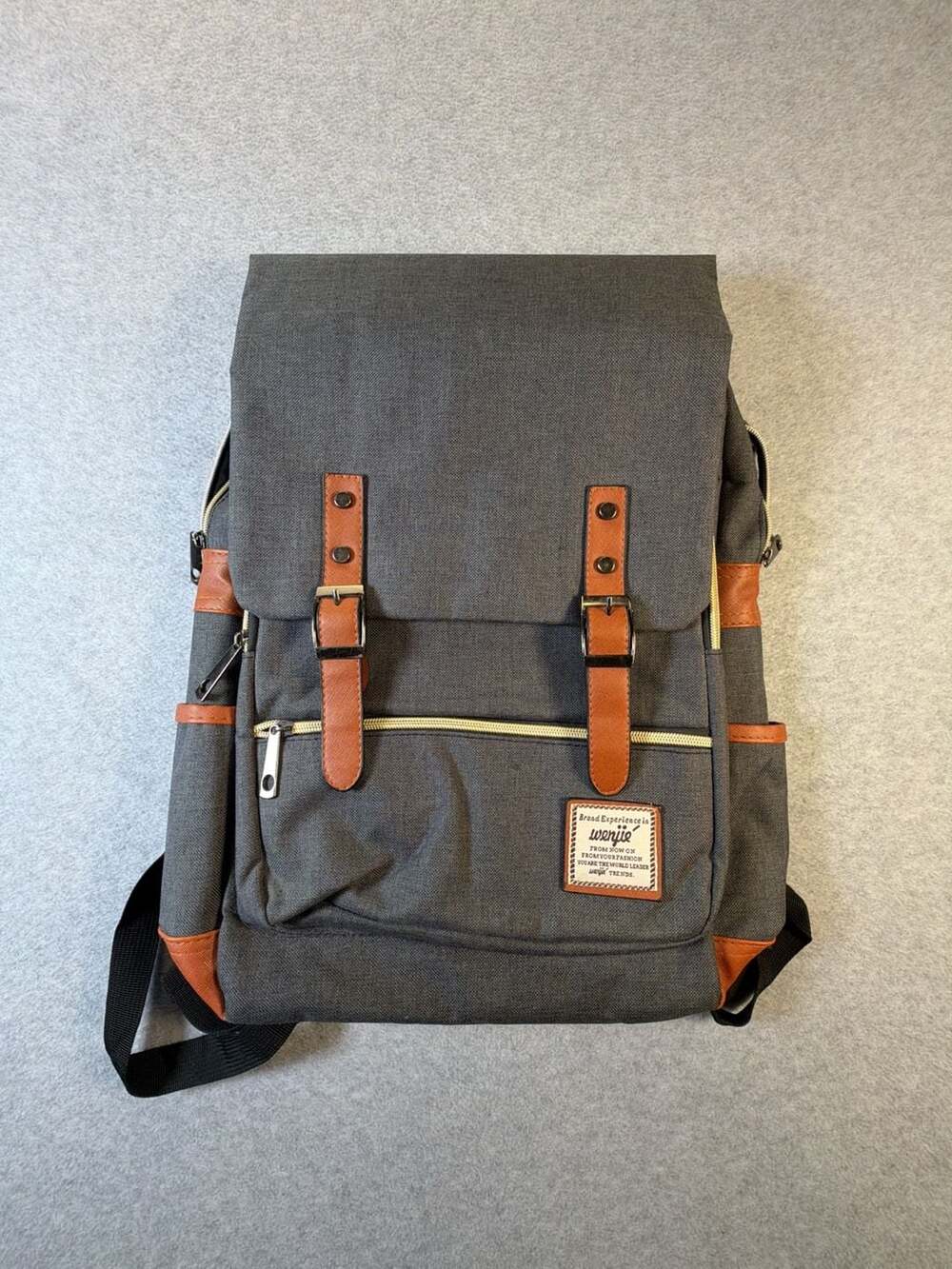 Wenjie Vintage Gray Canvas Laptop Backpack with Brown Leather Trim